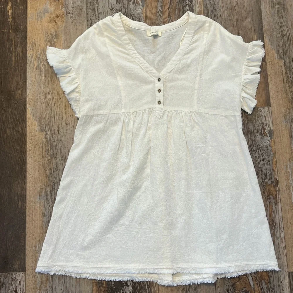 Umgee White Boho Ruffle Sleeve Button Front Gauze Blouse 100% Cotton Size Small